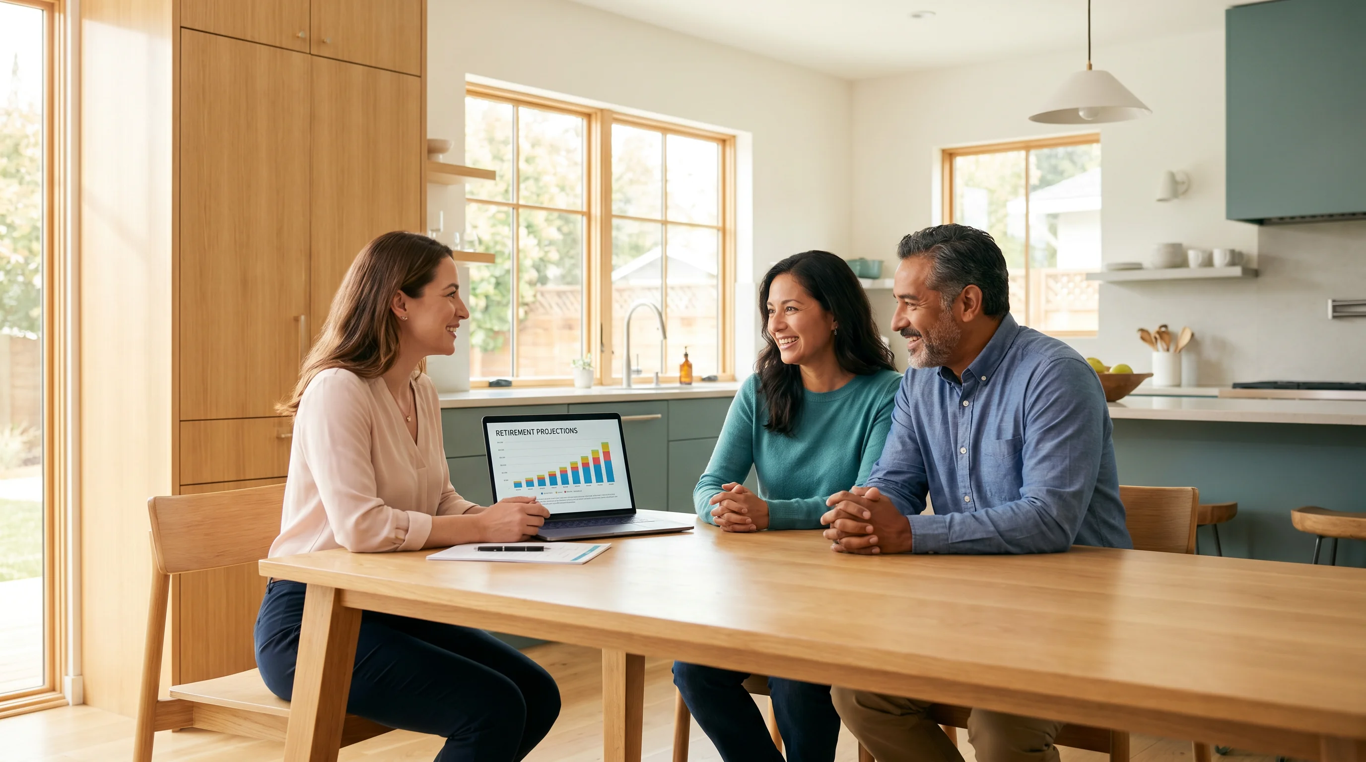 Financial planner consulting with California family at kitchen table